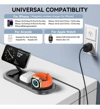 Magnetic Foldable 3 in 1 Wireless Charger Charging Station for iPhone 15/14/Pro Max, Apple Watch 9/8/7, AirPods, Samsung etc