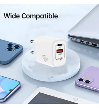Dual Port USB-C Wall Plug-in USB Charger 20W Power Delivery + QC3.0 A Double Fast Charging Block for Phone Cube Wall Charger