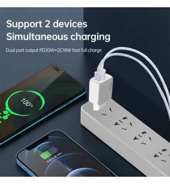 Dual Port USB-C Wall Plug-in USB Charger 20W Power Delivery + QC3.0 A Double Fast Charging Block for Phone Cube Wall Charger