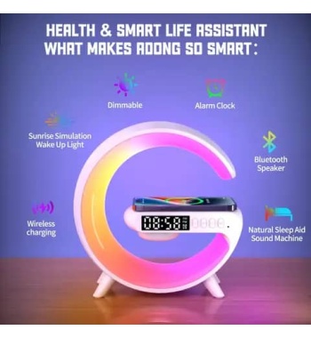 G Shape 3 - 1 Multiple Wireless Chargers With home Lamp Speaker Bedside Night Light Digital Alarm Clock Smart Mobile Phone