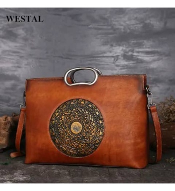 Westal Lady Retro Embossing Totem Crossbody Bag Satchel Shoulder Bag Genuine Leather Luxury Purses and Handbags for Women