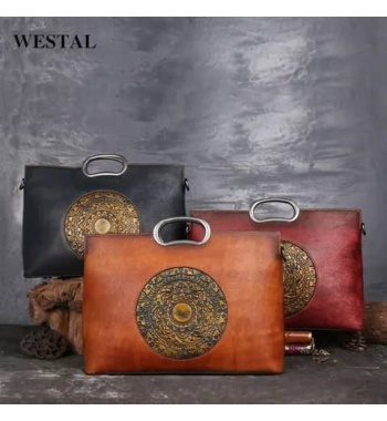 Westal Lady Retro Embossing Totem Crossbody Bag Satchel Shoulder Bag Genuine Leather Luxury Purses and Handbags for Women