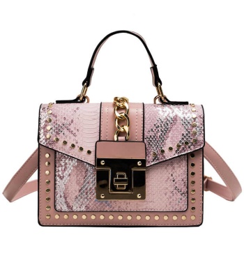 guangzhou custom logo designer hand bag ladies shoulder lock rivet pu serpentine leather square fashion women purse handbag