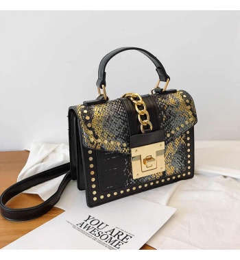 guangzhou custom logo designer hand bag ladies shoulder lock rivet pu serpentine leather square fashion women purse handbag